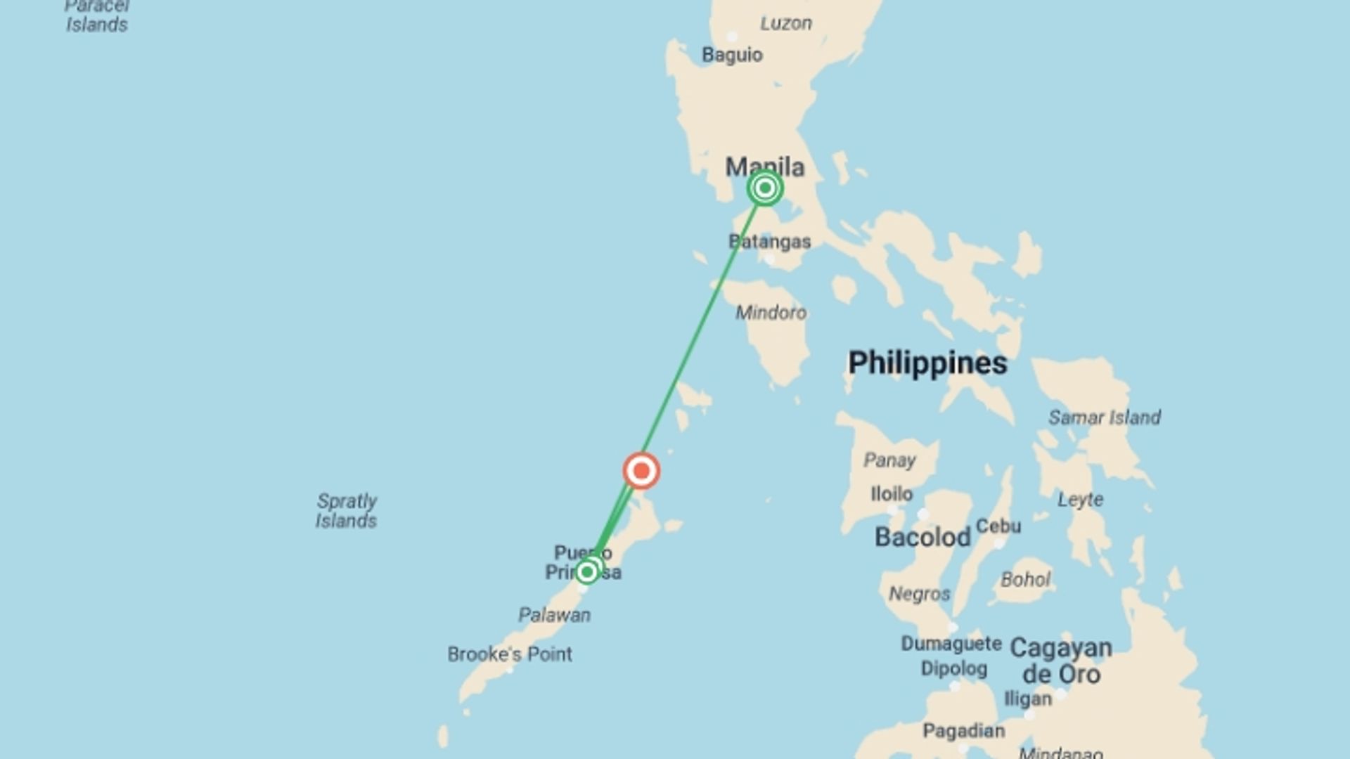 A map showing the tour itinerary for the trip: Philippines Palawan Island Getaway, starting in Manila, Philippines and ending in El Nido, Philippines going through 2 other destinations.
