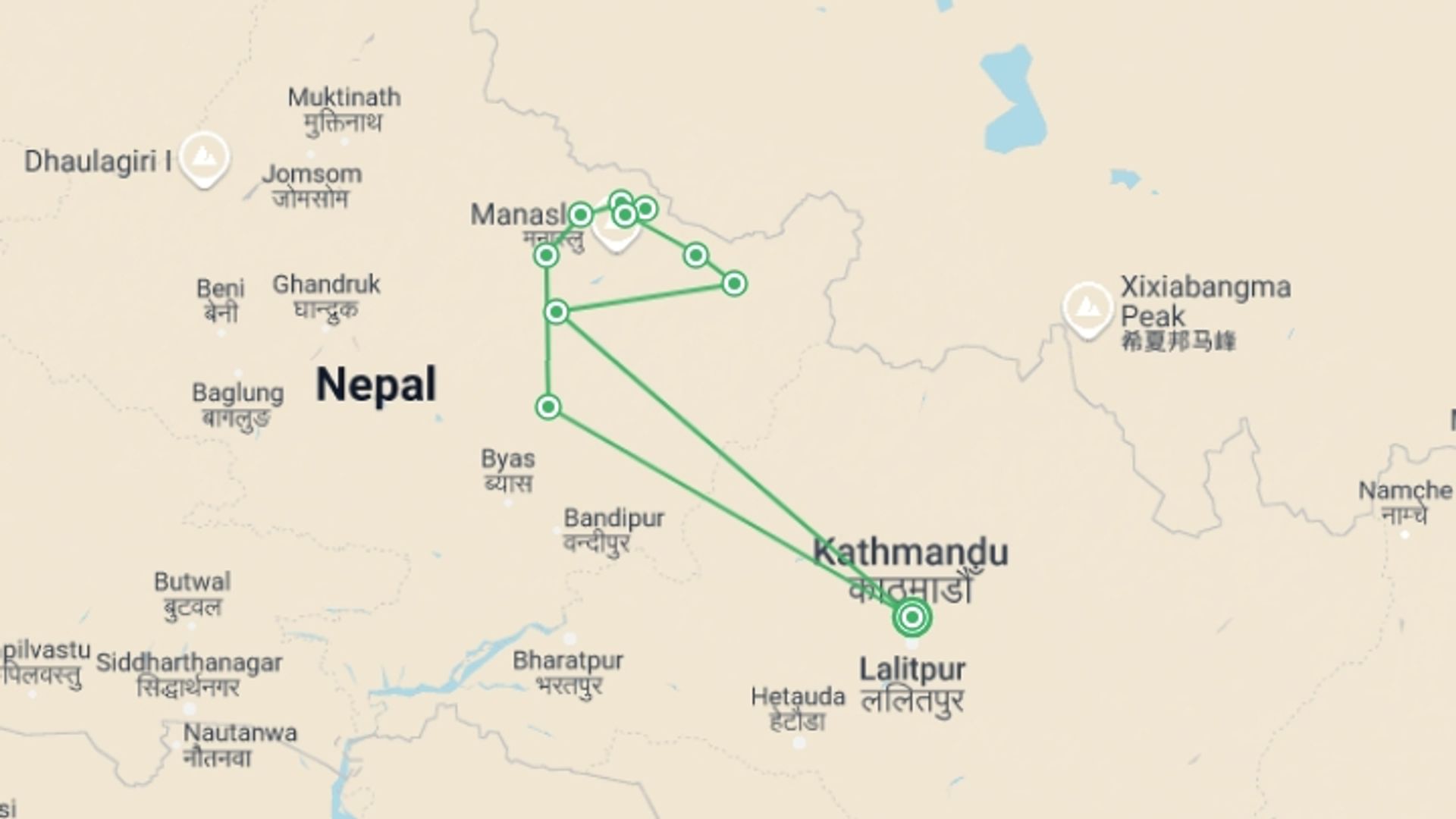 A map showing the tour itinerary for the trip: Manaslu Trek, starting in Kathmandu, Nepal and ending in Kathmandu, Nepal going through 10 other destinations.