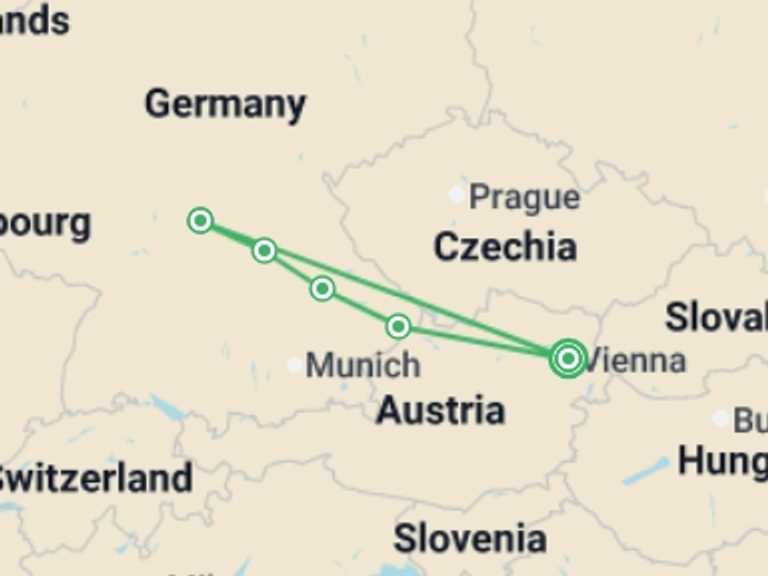 Map itinerary of Europe Tour in December 2026 with 5 destination visits for the trip: Christmas on the Danube featuring a 6-night Danube River Cruise