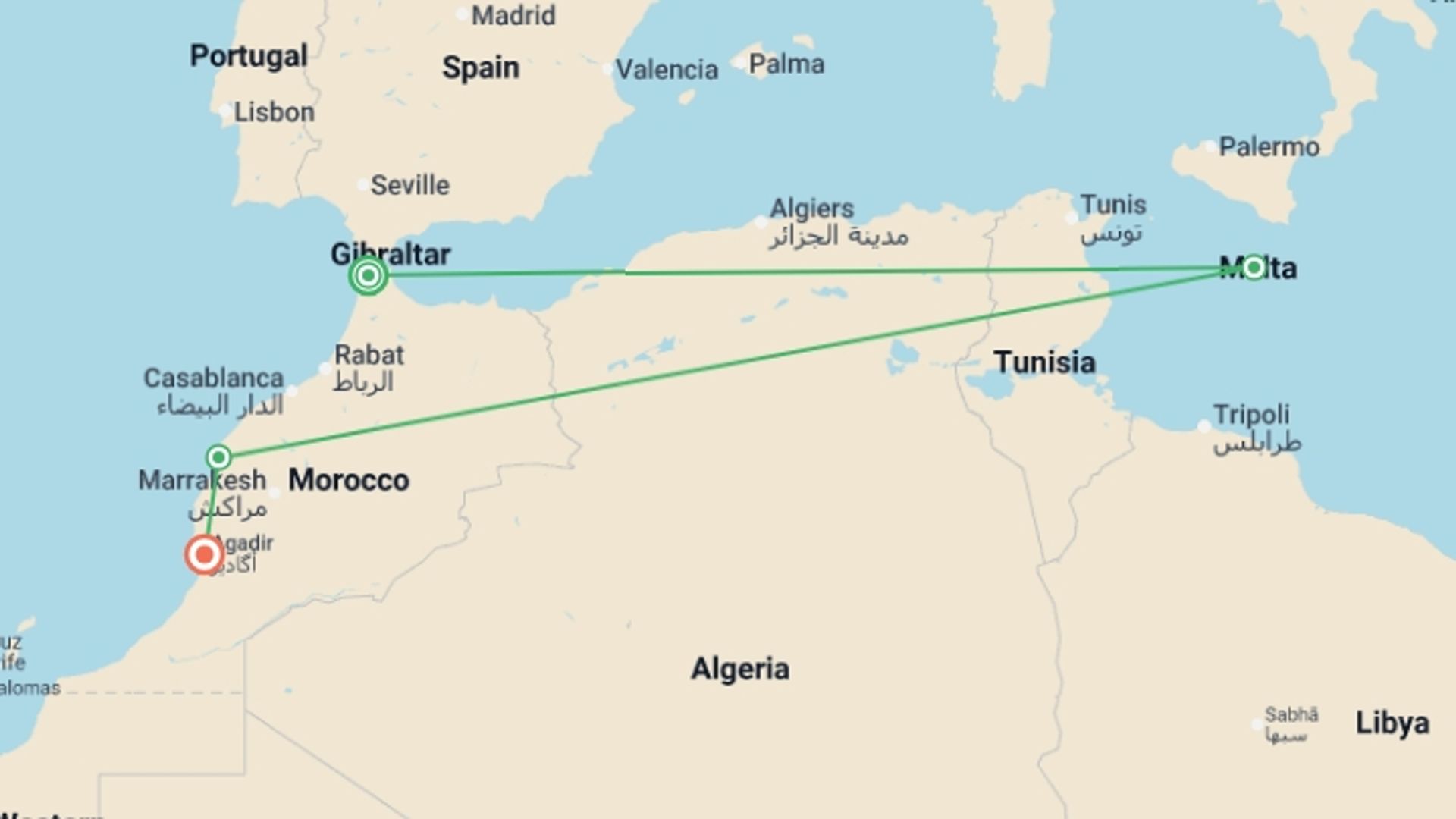 A map showing the tour itinerary for the trip: Atlantic Morocco, starting in Tangier, Morocco and ending in Agadir, Morocco going through 2 other destinations.