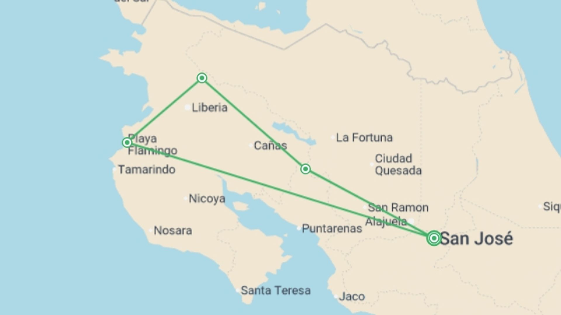 A map showing the tour itinerary for the trip: Costa Rica Family Journey: From Rainforest to Coast, starting in San Jose, Costa Rica and ending in San Jose, Costa Rica going through 4 other destinations.
