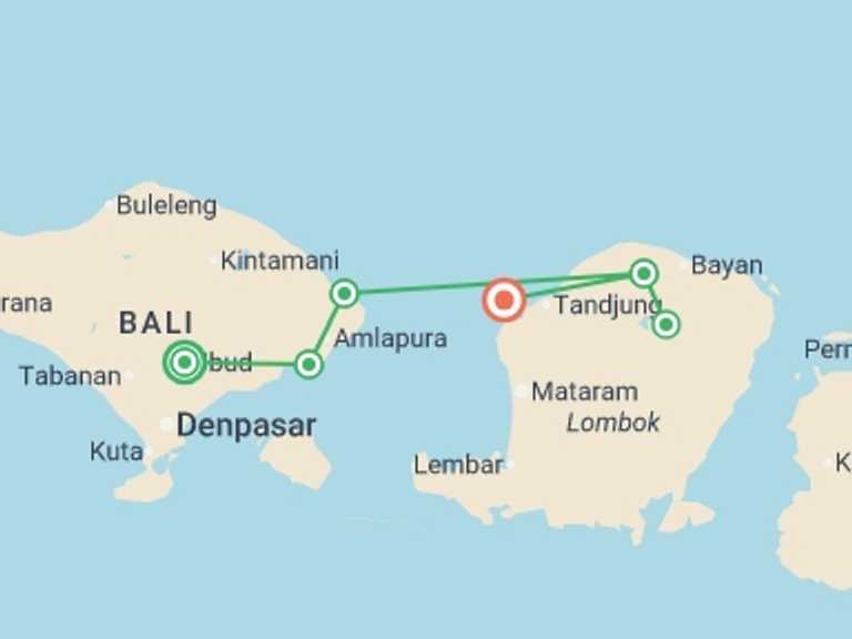 Map itinerary of Asia Tour in July 2026 with 6 destination visits for the trip: Bali, Lombok & Gili Islands: Hike, Bike, Raft & Snorkel