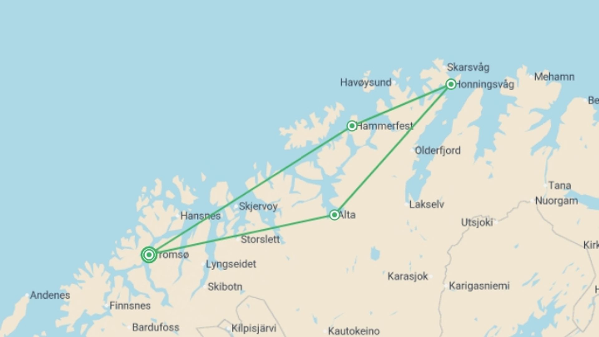 A map showing the tour itinerary for the trip: Tromso to the North Cape Self Drive - 7 days, starting in Tromso, Norway and ending in Tromso, Norway going through 2 other destinations.