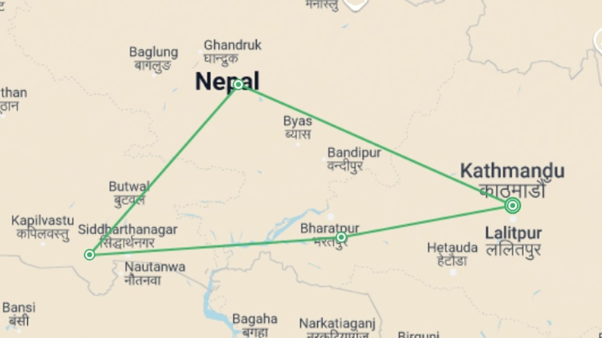 A map showing the tour itinerary for the trip: Nepal 10 days 9 nights Cultural Tour & Jungle Activities, starting in Kathmandu, Nepal and ending in Kathmandu, Nepal going through 3 other destinations.