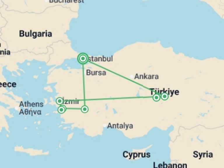 Map of Turkey Tour with 5 destination visits for the trip: Cultural Triangle of Turkey 5 star - 8 days
