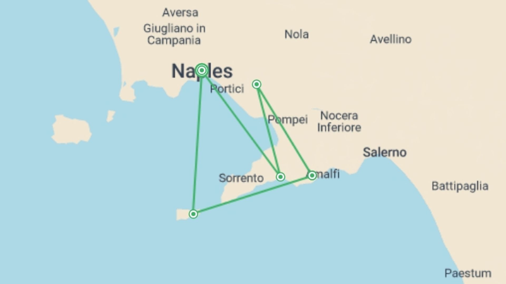 A map showing the tour itinerary for the trip: Amalfi Coast Family Adventure, starting in Naples, Italy and ending in Naples, Italy going through 5 other destinations.