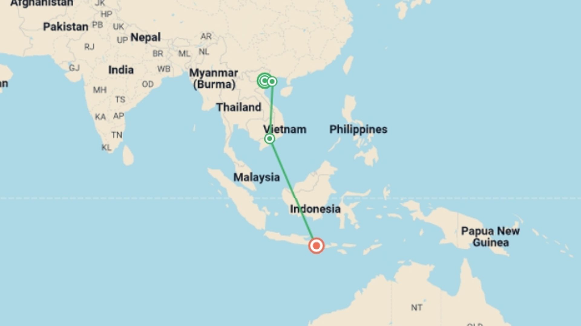 A map showing the tour itinerary for the trip: Classic Vietnam & Bali - 11 days, starting in Hanoi, Vietnam and ending in Kuta, Indonesia going through 3 other destinations.