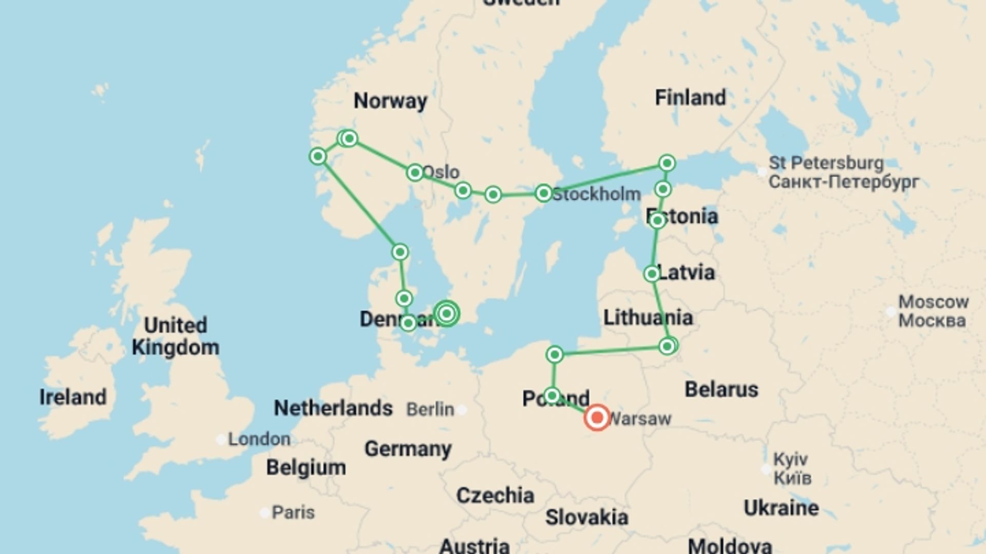 A map showing the tour itinerary for the trip: Best of Scandinavia & the Baltics, starting in Copenhagen, Denmark and ending in Warsaw, Poland going through 9 other destinations.