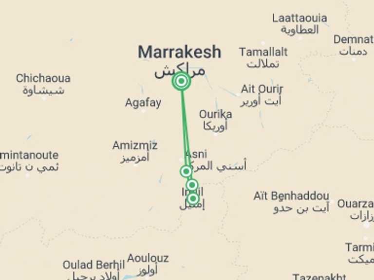 Map itinerary of Marrakech Tour in Summer with 4 destination visits for the trip: Climb Morocco's Mt Toubkal