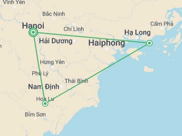 Map itinerary of Hanoi Tour in September 2027 with 3 destination visits for the trip: Hanoi - Ninh Binh - Halong - 4 Days