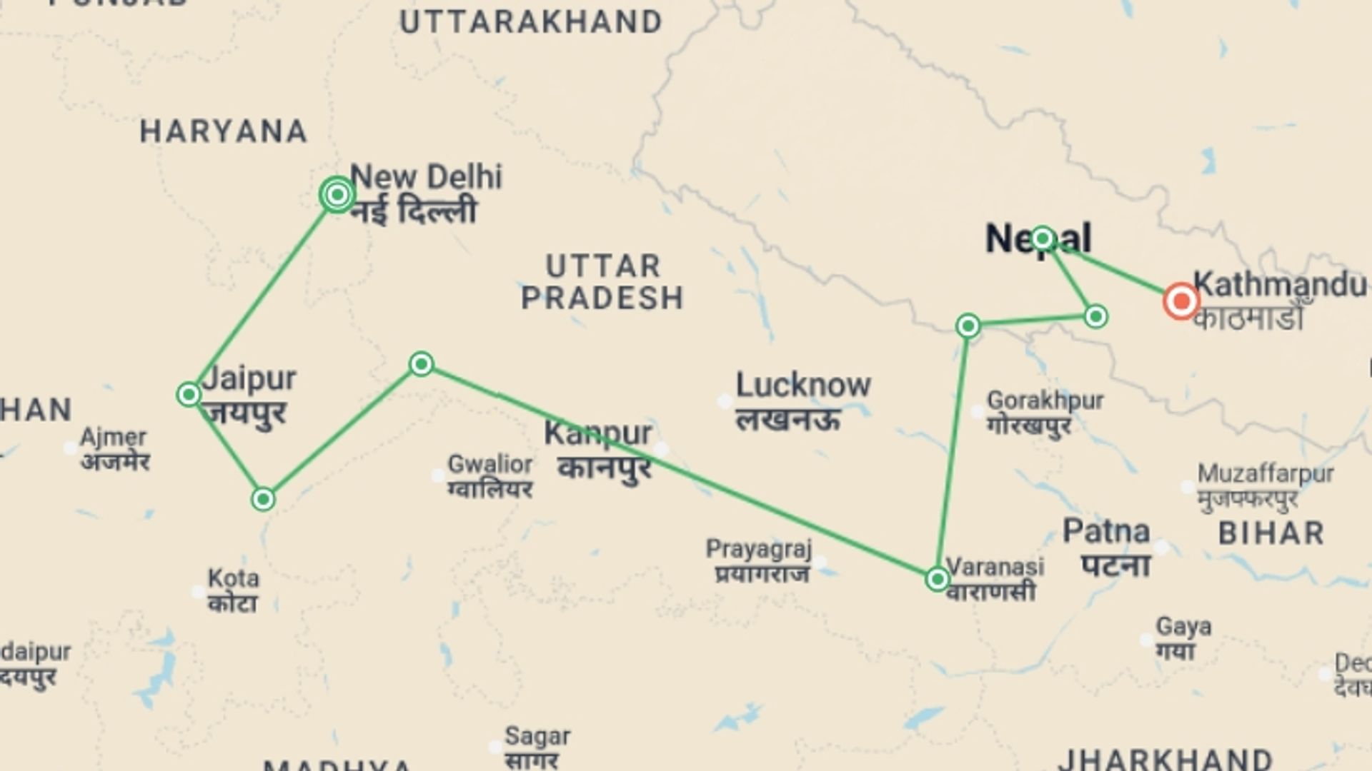 A map showing the tour itinerary for the trip: Delhi to Kathmandu, starting in New Delhi, India and ending in Kathmandu, Nepal going through 7 other destinations.