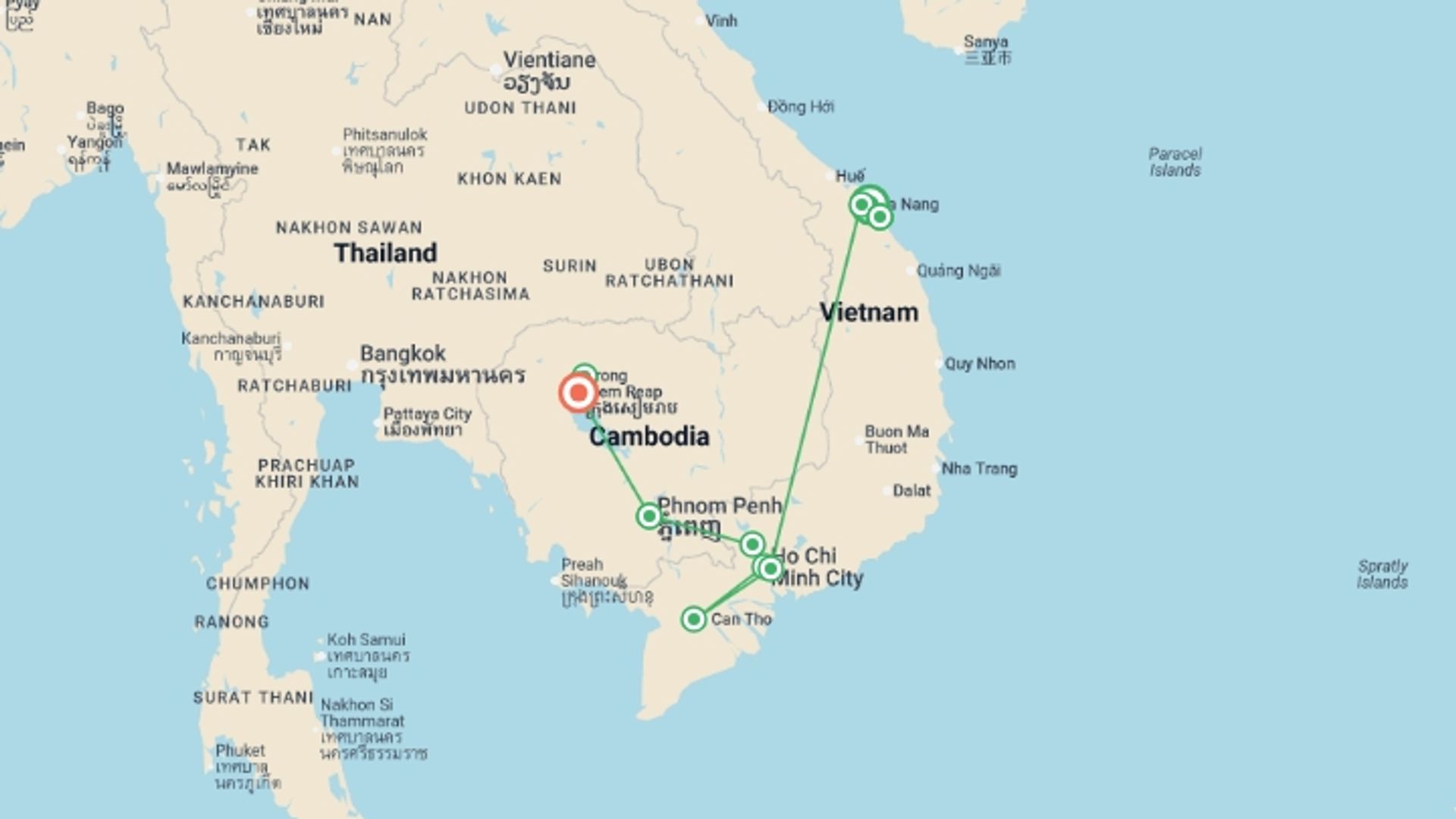 A map showing the tour itinerary for the trip: Danang to Saigon & Siem Reap - 10 days, starting in Da Nang, Vietnam and ending in Siem Reap, Cambodia going through 4 other destinations.