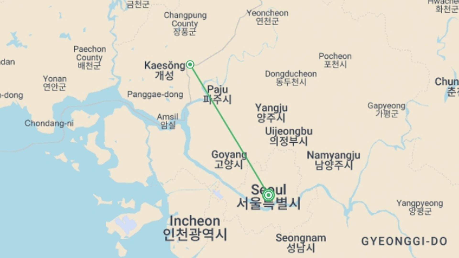 A map showing the tour itinerary for the trip: Seoul, Historic Islands & Dmz Tour, starting in Seoul, South Korea and ending in Seoul, South Korea going through 1 other destinations.