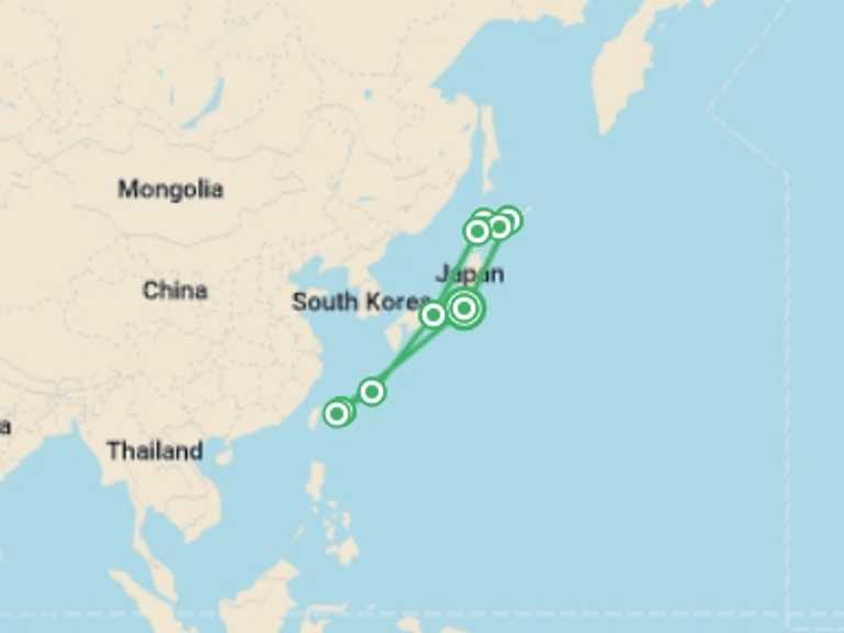 Map itinerary of Kyoto Tour in September 2027 with 9 destination visits for the trip: Active Japan: Hokkaido Highlights & Okinawa Island Hopping