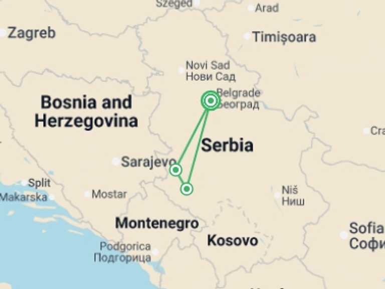 Map of a Train Tour with 2 destination visits for the trip: Serbia Uncovered - 7 days