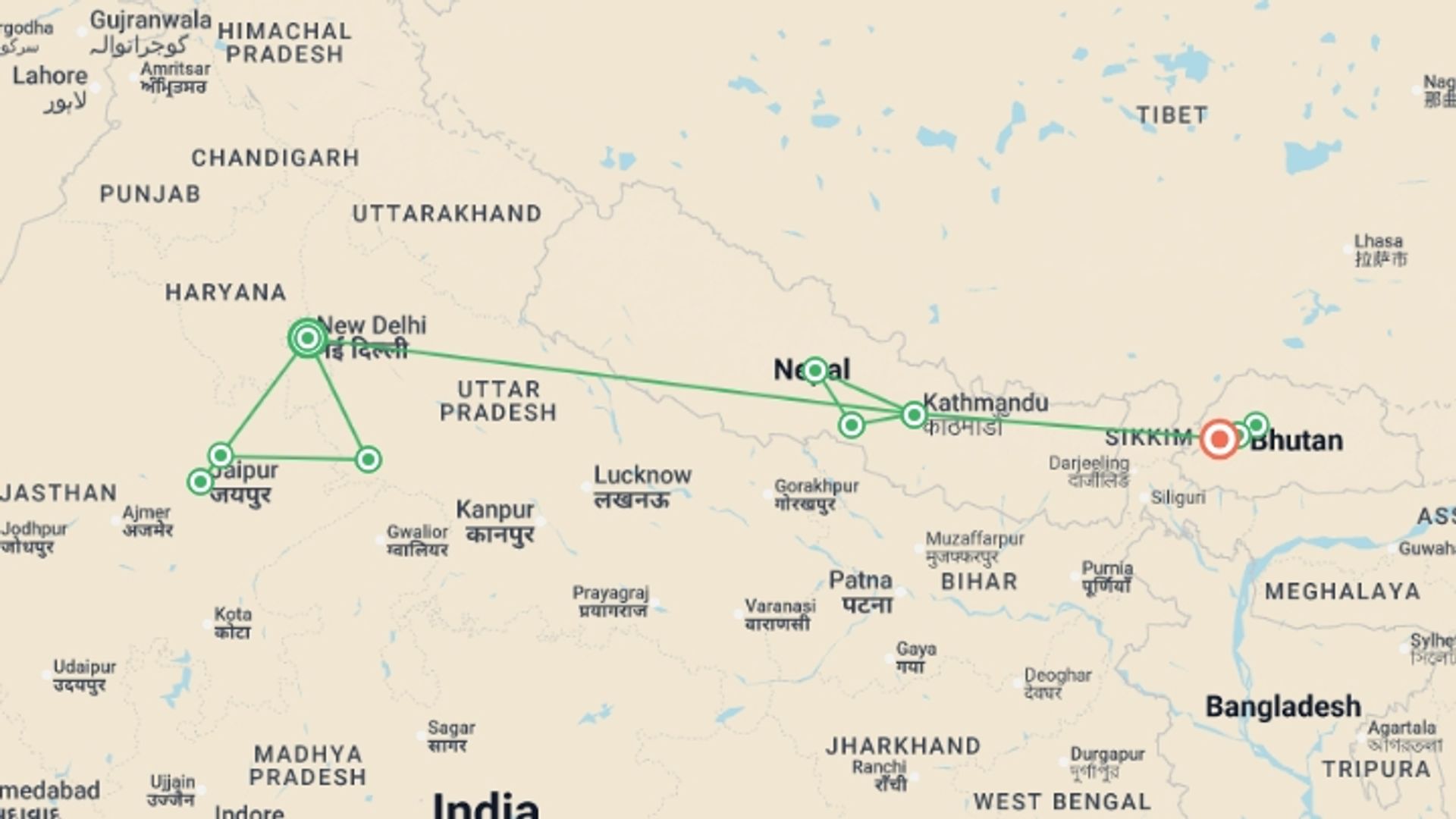 A map showing the tour itinerary for the trip: Himalayan Adventure: India, Nepal & Bhutan, starting in New Delhi, India and ending in Paro, Bhutan going through 8 other destinations.