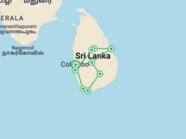 Map itinerary of Sri Lanka Tour in April 2027 with 10 destination visits for the trip: Love Trail: Honeymoon Package for Summer