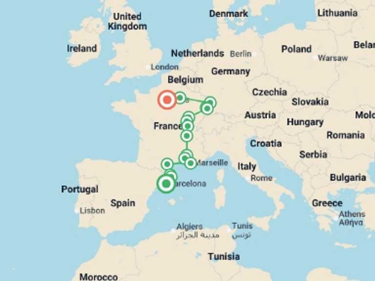 Map of Europe Tour with 7 destination visits for the trip: Catalonia, south of France, Burgundy and Alsace