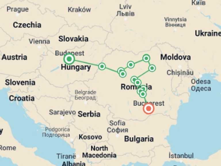 Map of Sighisoara Tour with 8 destination visits for the trip: Eight days tour of Romania from Budapest to Bucharest