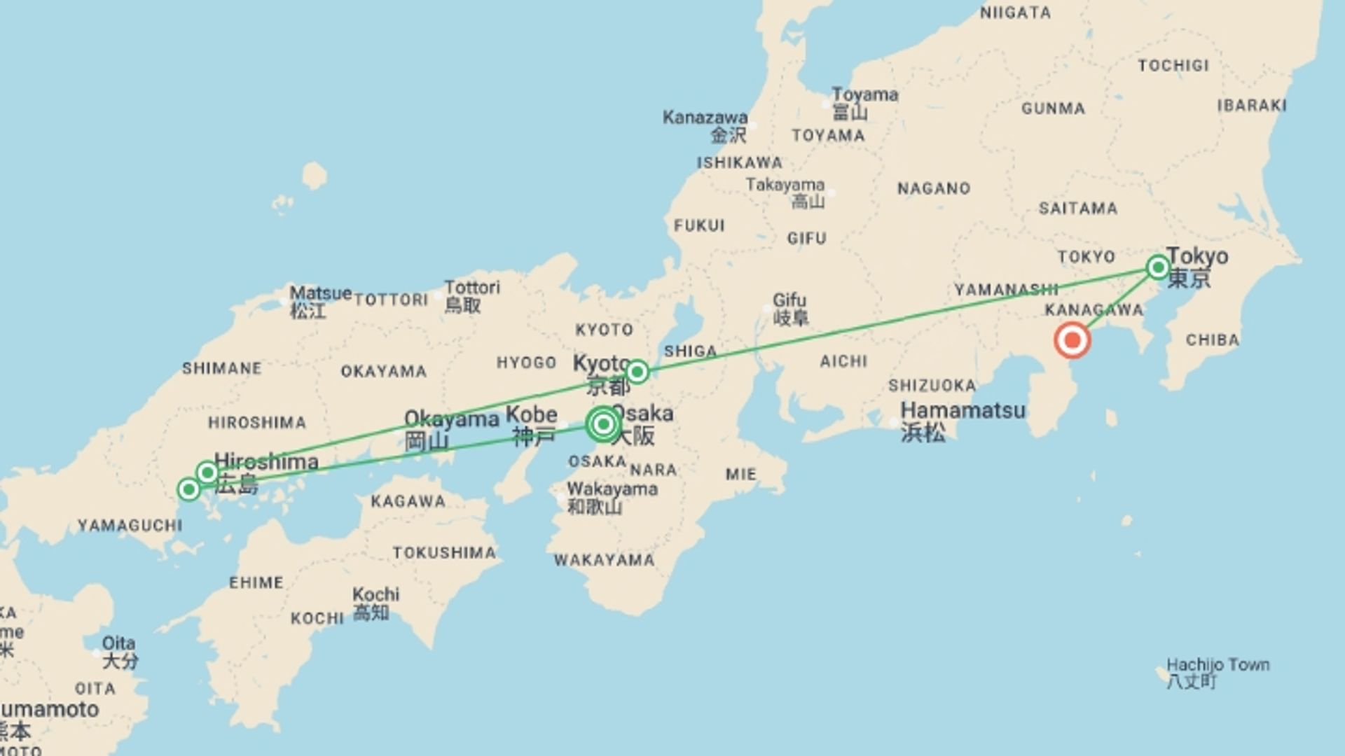 A map showing the tour itinerary for the trip: Best of Japan, starting in Osaka, Japan and ending in Hakone, Japan going through 3 other destinations.