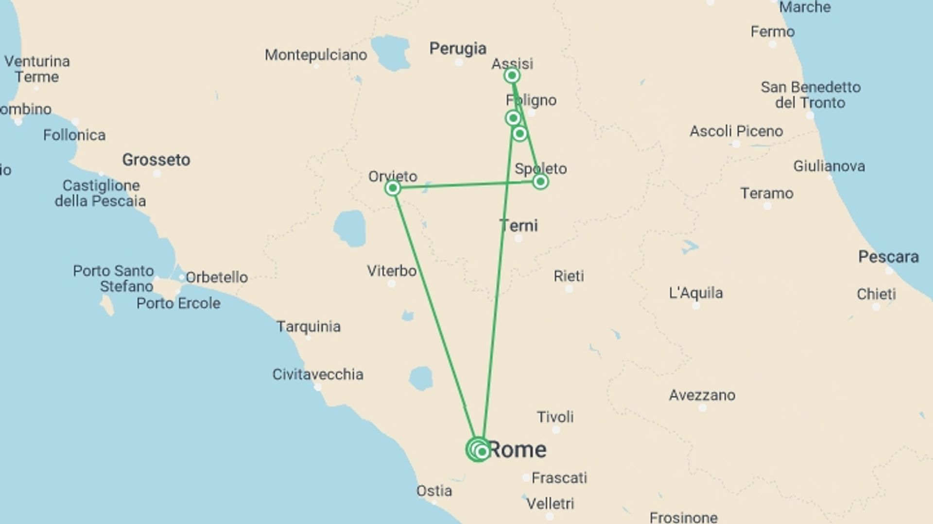 A map showing the tour itinerary for the trip: Upgraded - Walking Italy: Rome & Umbria, starting in Rome, Italy and ending in Rome, Italy going through 6 other destinations.