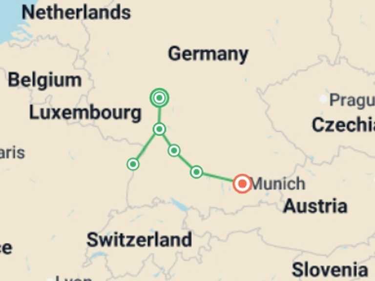 Map itinerary of Europe Tour in Fall with 4 destination visits for the trip: Christmas Markets and Castles of Europe