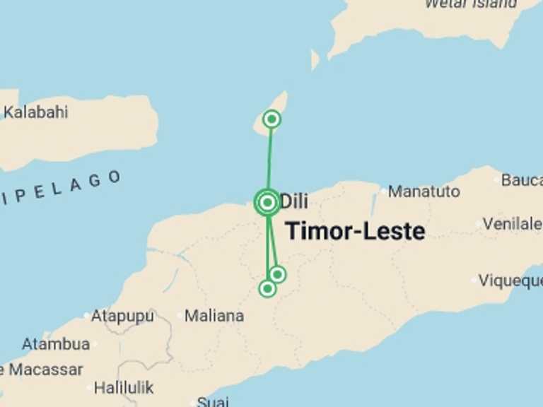 Map itinerary of Indonesia Tour in July 2027 with 4 destination visits for the trip: Timor-Leste Expedition