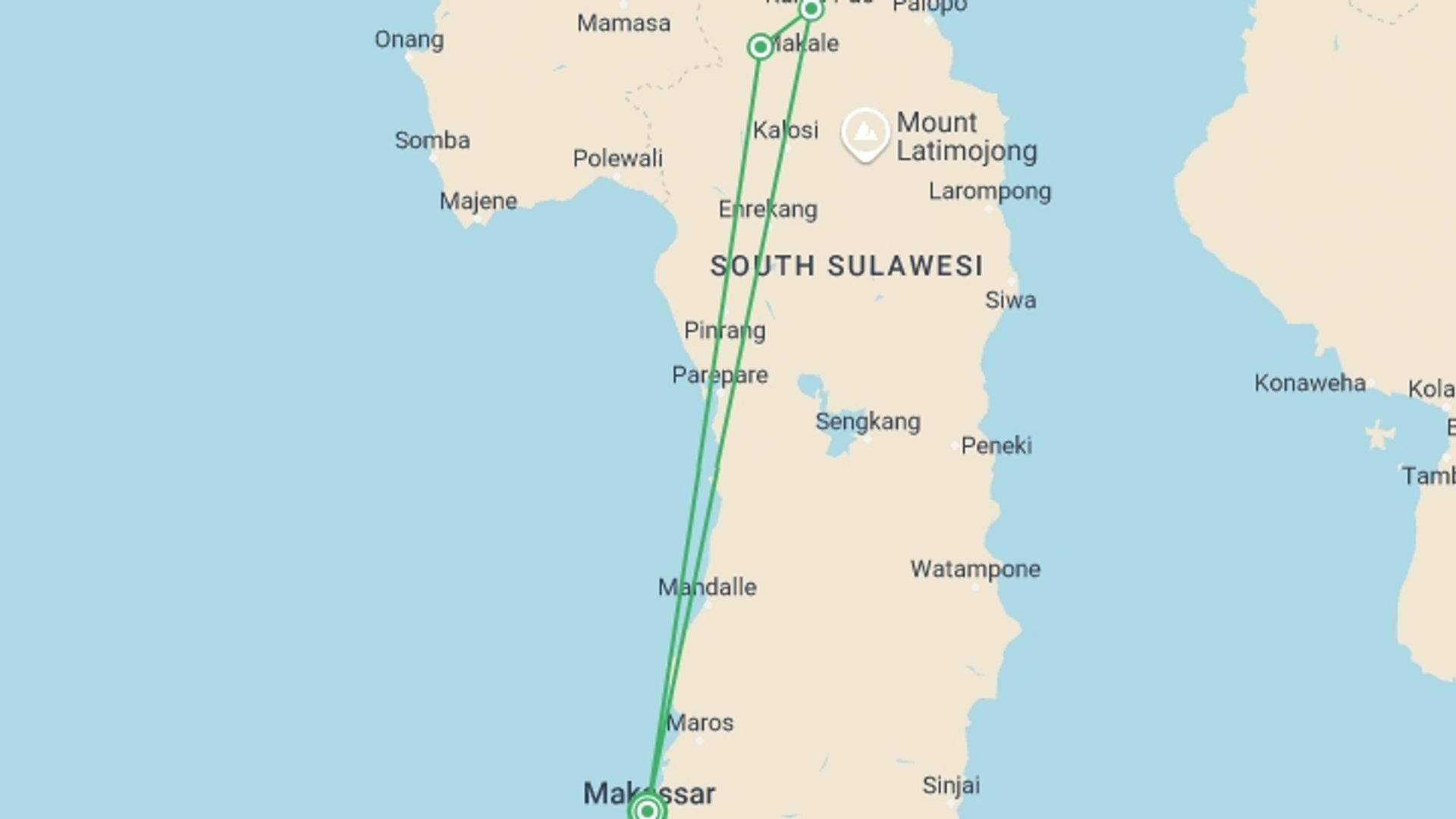 A map showing the tour itinerary for the trip: 4D Toraja Highland Tour, starting in Makassar, Indonesia and ending in Makassar, Indonesia going through 3 other destinations.