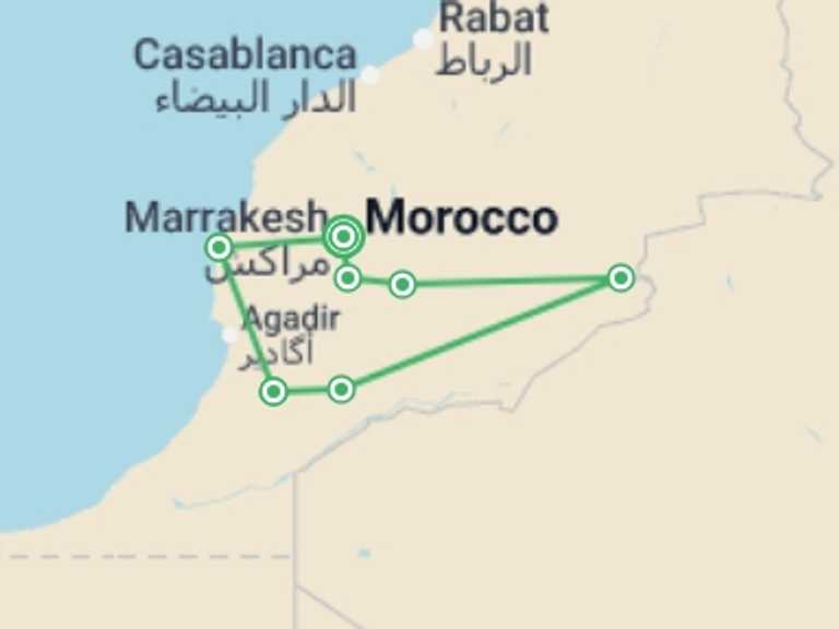 Map itinerary of Africa Tour in January 2027 with 7 destination visits for the trip: South Morocco Discovery