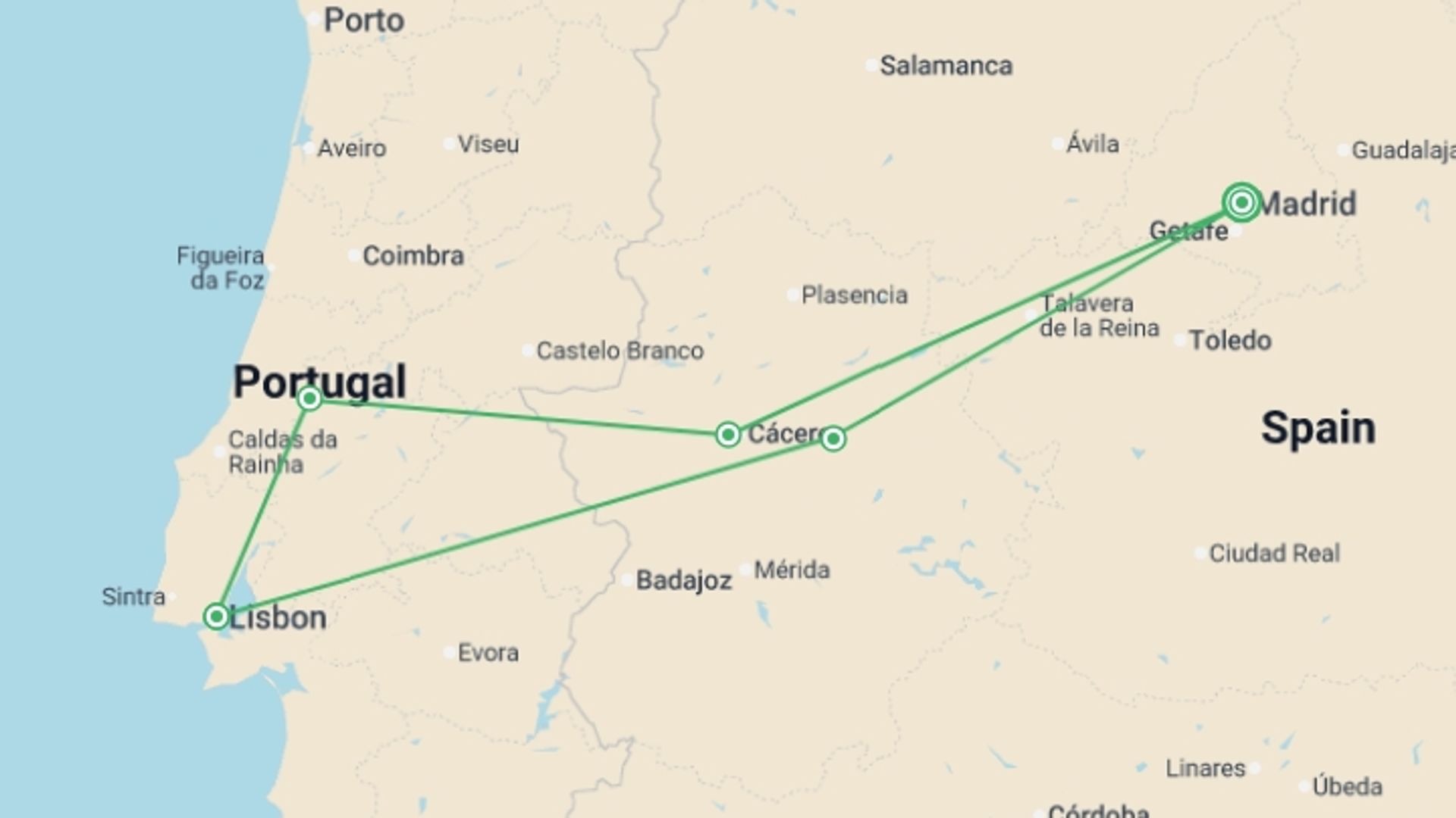 A map showing the tour itinerary for the trip: Madrid to Lisbon Express - 4 days, starting in Madrid, Spain and ending in Madrid, Spain going through 2 other destinations.