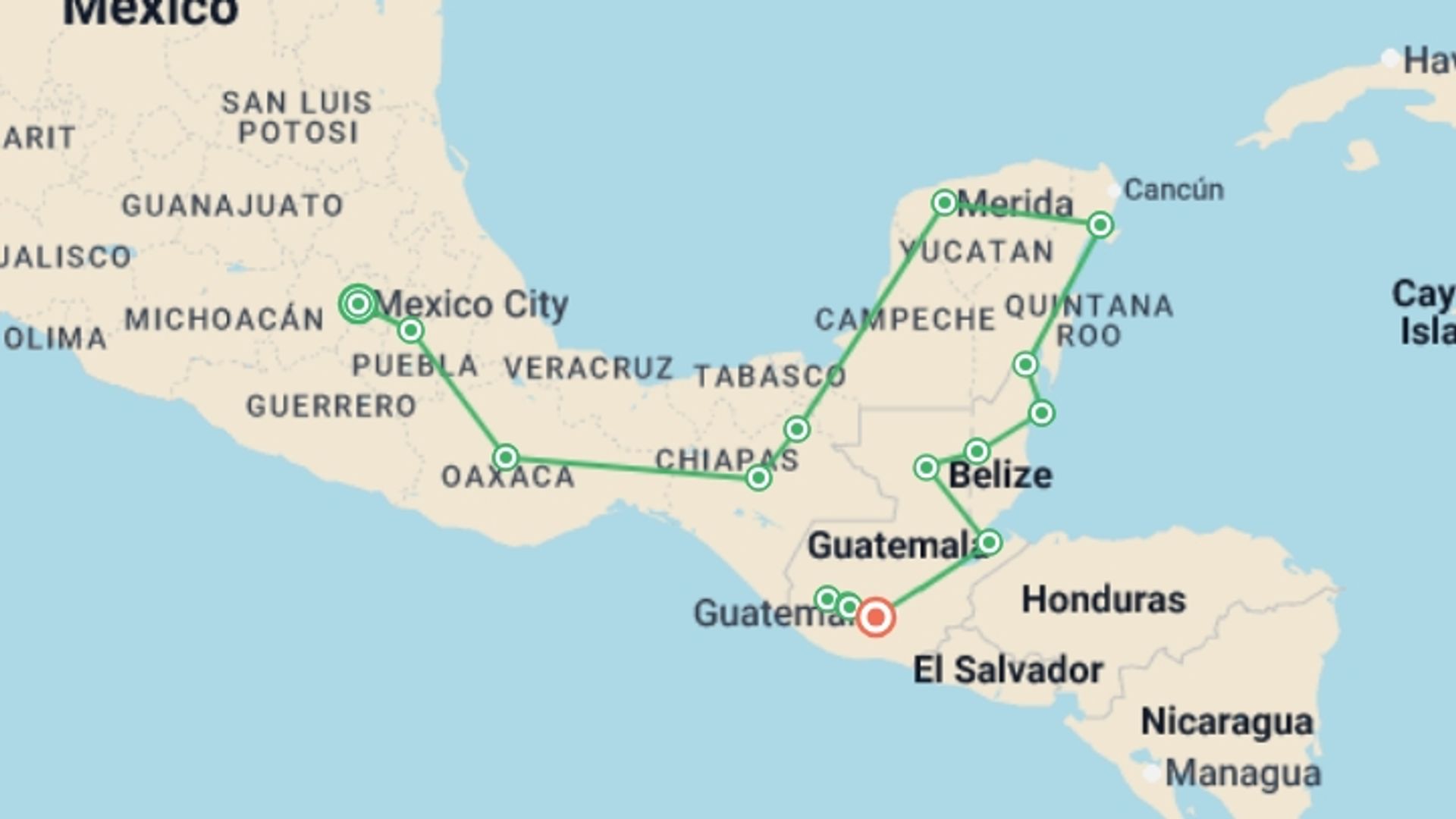 A map showing the tour itinerary for the trip: Central America Encompassed, starting in Mexico City, Mexico and ending in Antigua, Guatemala going through 14 other destinations.