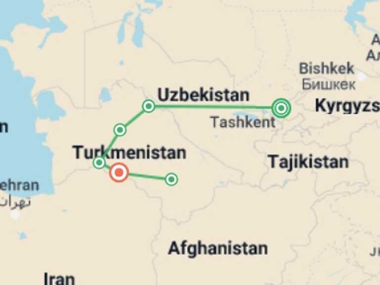 Map itinerary of Ashgabat Tour in September 2026 with 6 destination visits for the trip: Tashkent to Ashgabat