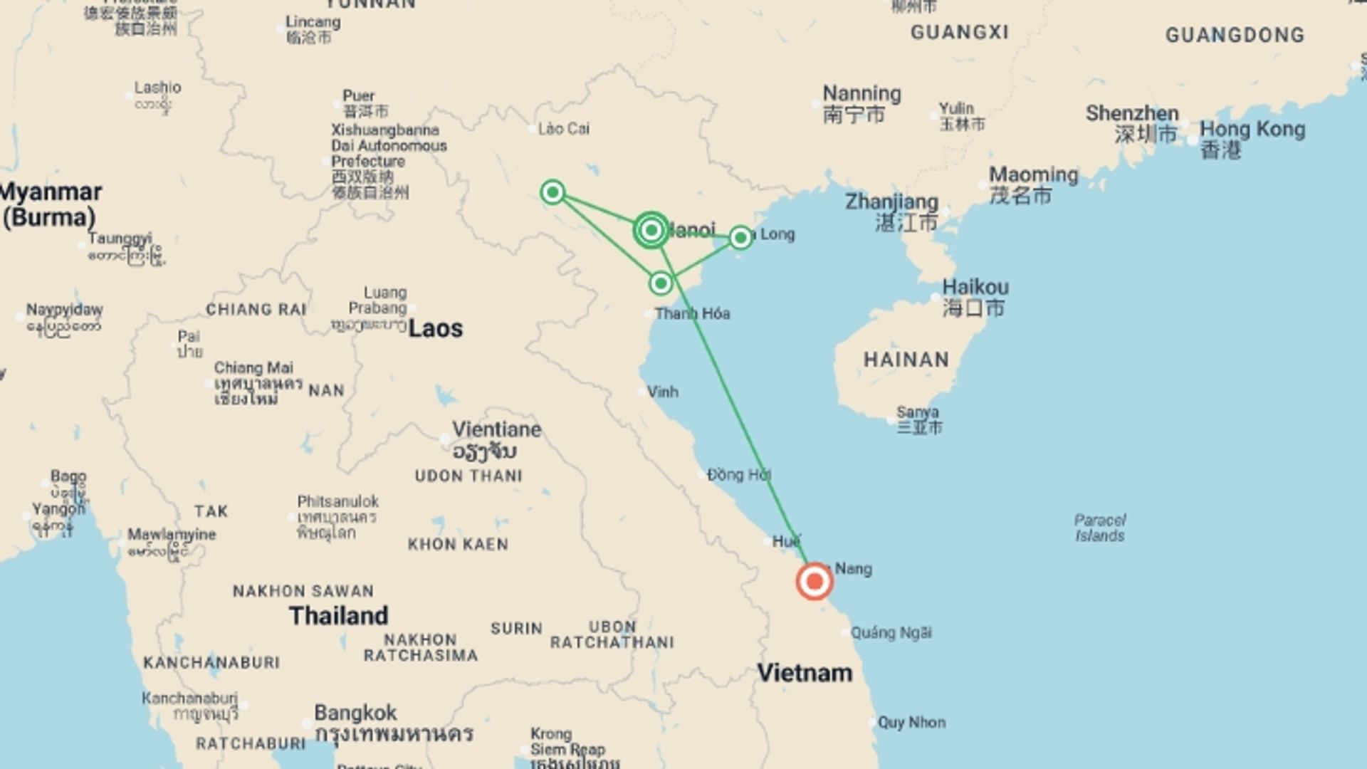 A map showing the tour itinerary for the trip: 11-day Private Tour: Vietnam's Green Getaway, starting in Hanoi, Vietnam and ending in Hoi An, Vietnam going through 7 other destinations.