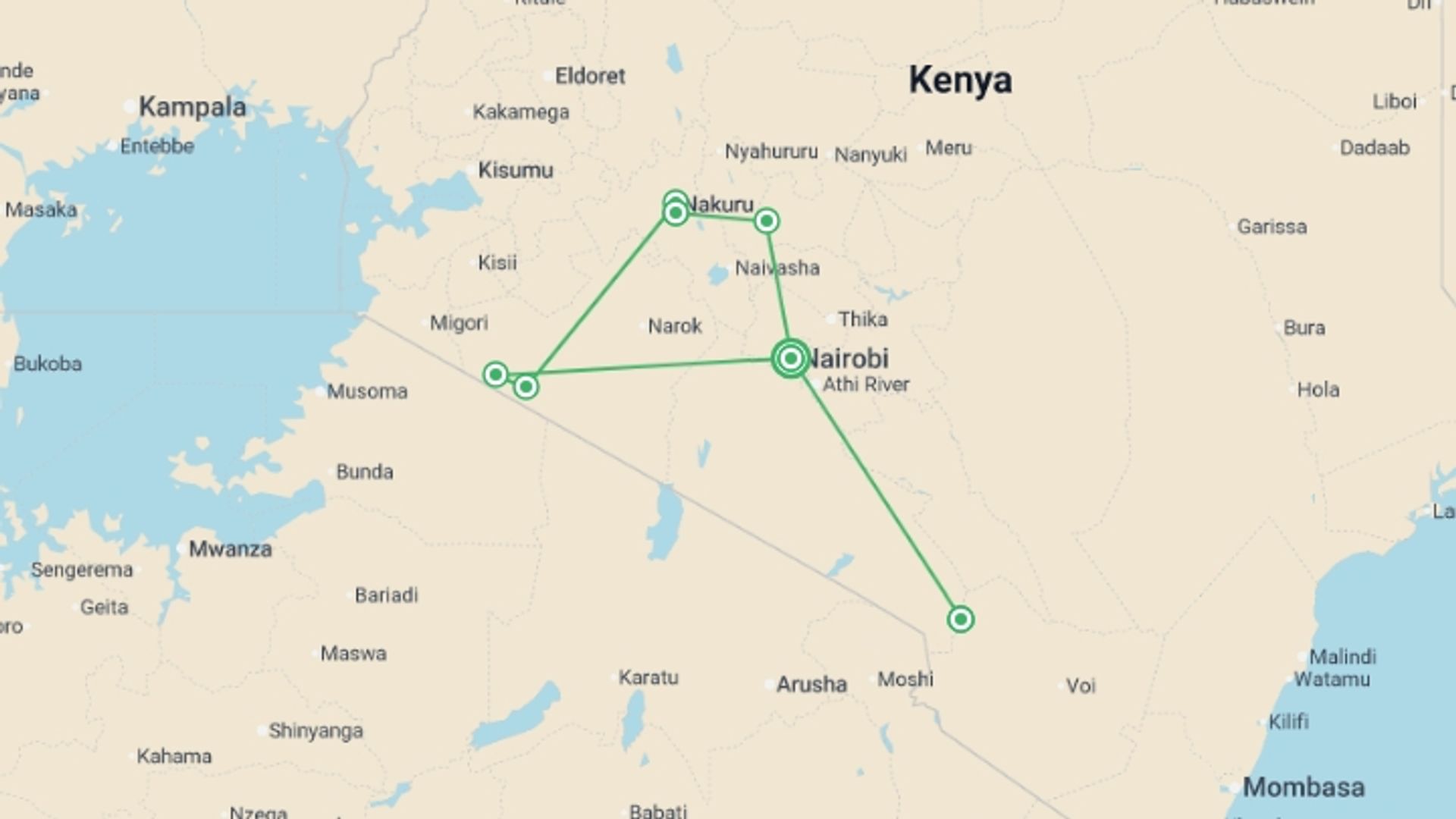 A map showing the tour itinerary for the trip: Upgraded - Highlights of Kenya & Tsavo, starting in Nairobi, Kenya and ending in Nairobi, Kenya going through 6 other destinations.