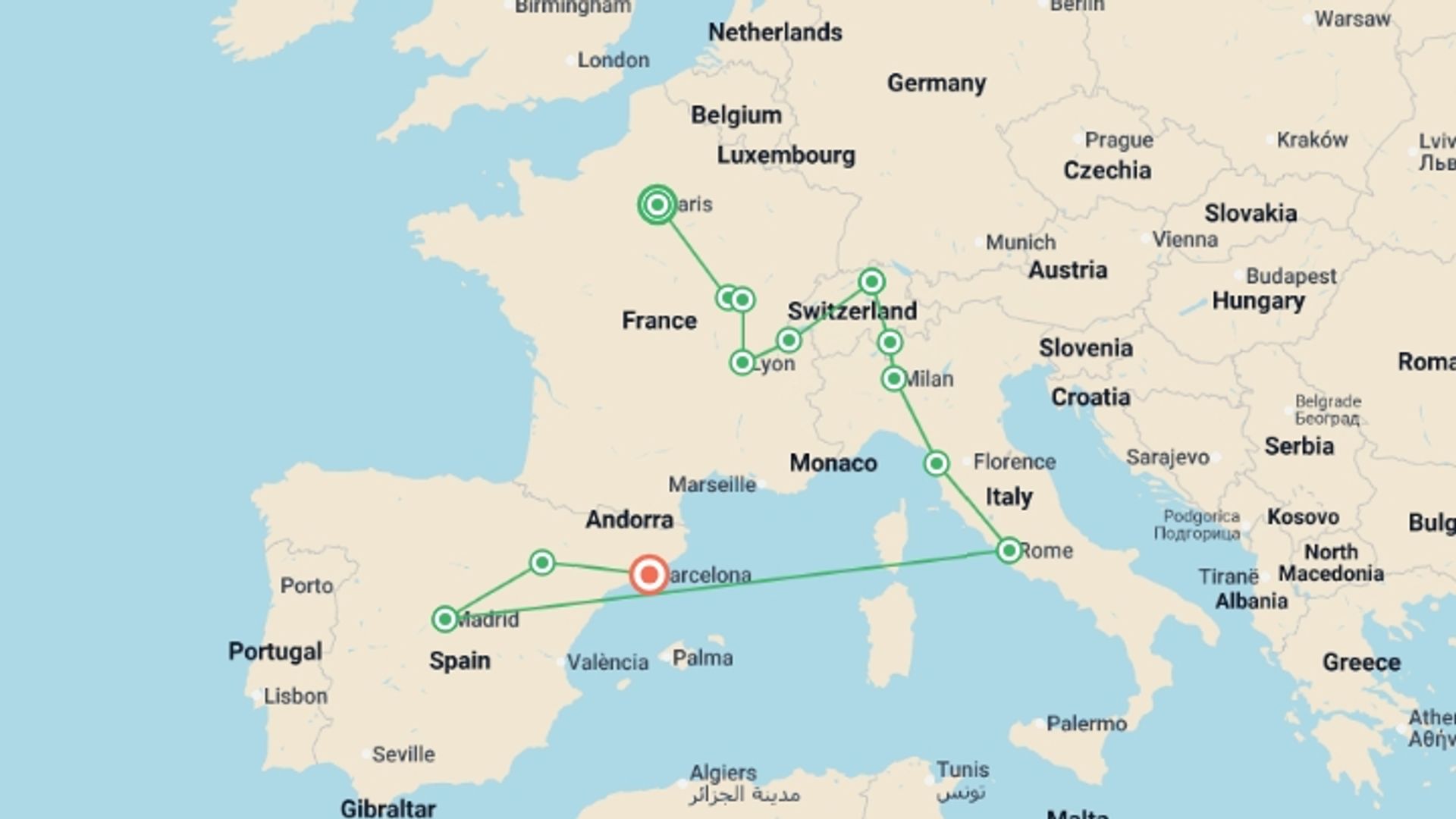 A map showing the tour itinerary for the trip: Solo Lite Enchanted France Italy and Spain, starting in Paris, France and ending in Barcelona, Spain going through 7 other destinations.