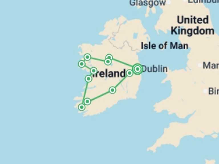 Map of Ireland Natural landmarks sightseeing Tour with 5 destination visits for the trip: Castles and Manors