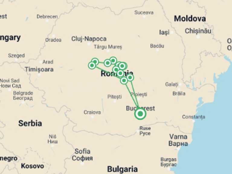 Map of Romania Tour with 9 destination visits for the trip: Romania Cycle Explorer