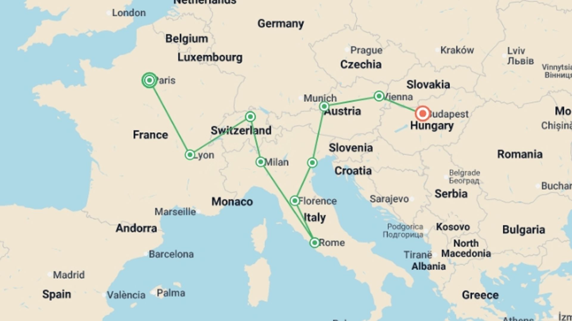 A map showing the tour itinerary for the trip: Bohemian Rapsody GO, starting in Paris, France and ending in Budapest, Hungary going through 8 other destinations.
