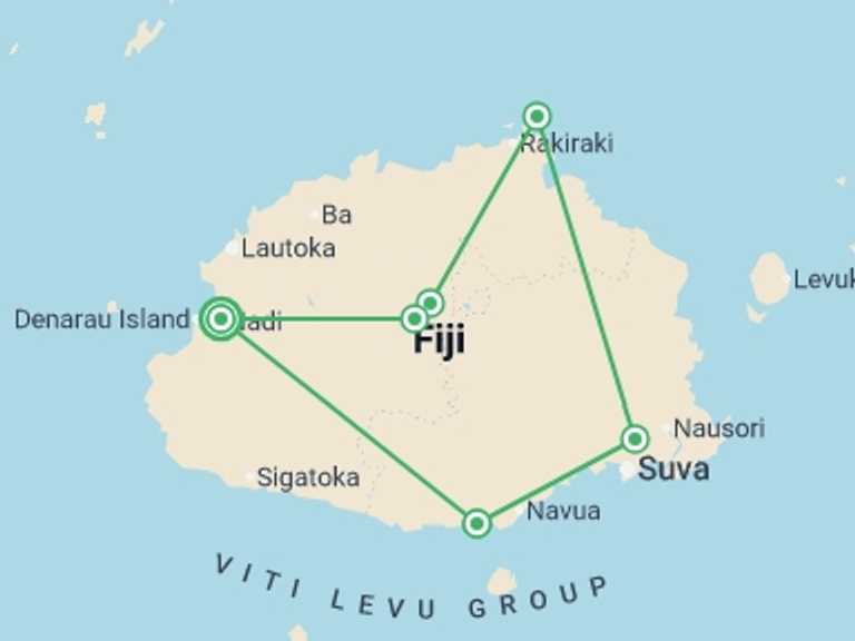 Map itinerary of Oceania Tour in May 2027 with 6 destination visits for the trip: Fiji: Hike, Raft & Snorkel