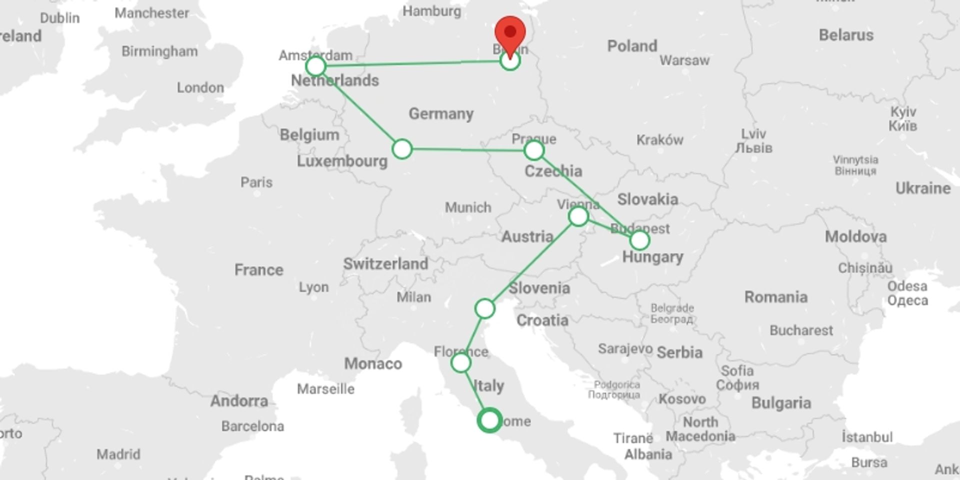 A map showing the tour itinerary for the trip: Italy, Central Europe and Germany End Berlin, starting in Rome, Italy and ending in Germany going through 5 other destinations.