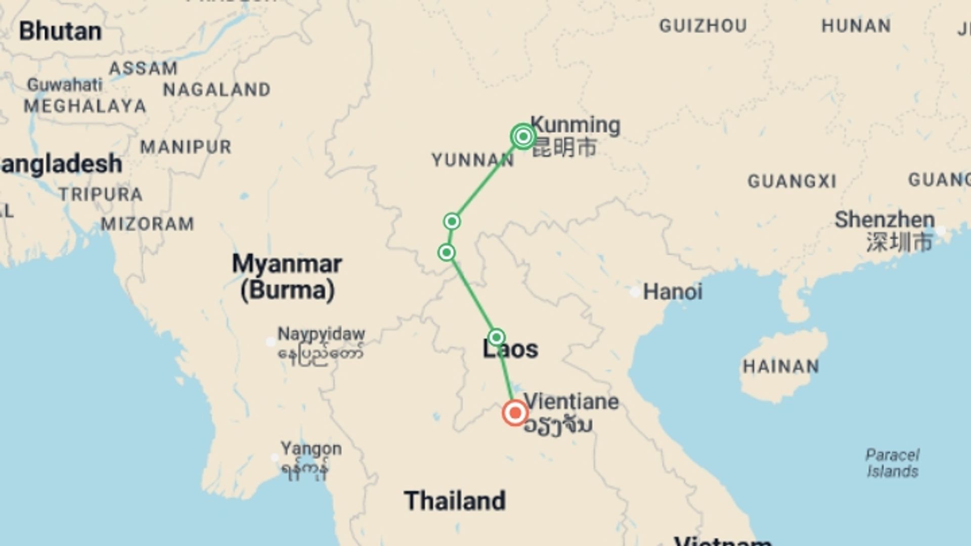 A map showing the tour itinerary for the trip: Kunming to Laos - 10 days, starting in Kunming, China and ending in Vientiane, Laos going through 3 other destinations.