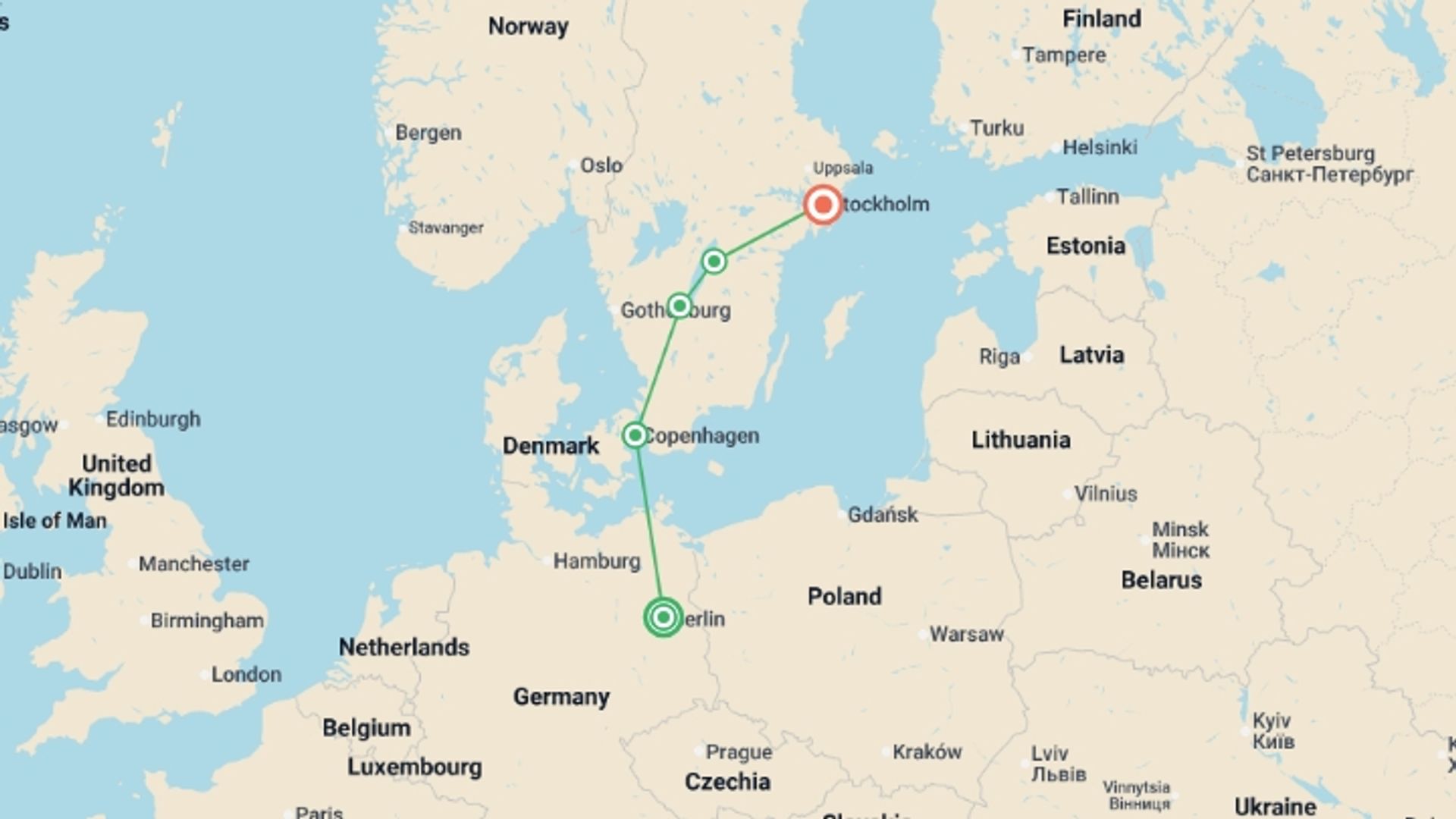 A map showing the tour itinerary for the trip: Explore Berlin to Stockholm, starting in Berlin, Germany and ending in Stockholm, Sweden going through 3 other destinations.