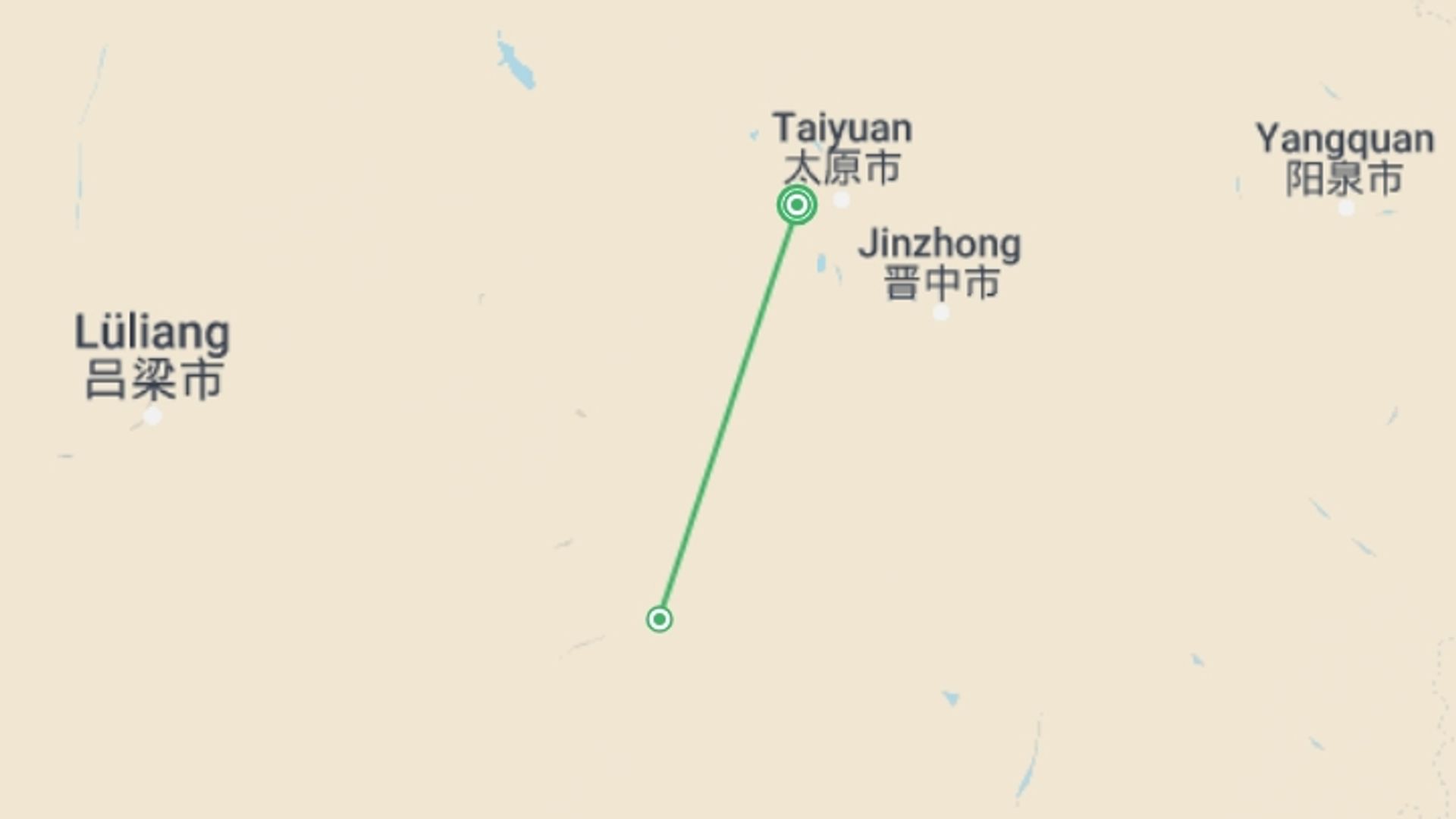 A map showing the tour itinerary for the trip: Taiyuan And Pingyao City Break, Private Tour, starting in Taiyuan, China and ending in Taiyuan, China going through 1 other destinations.