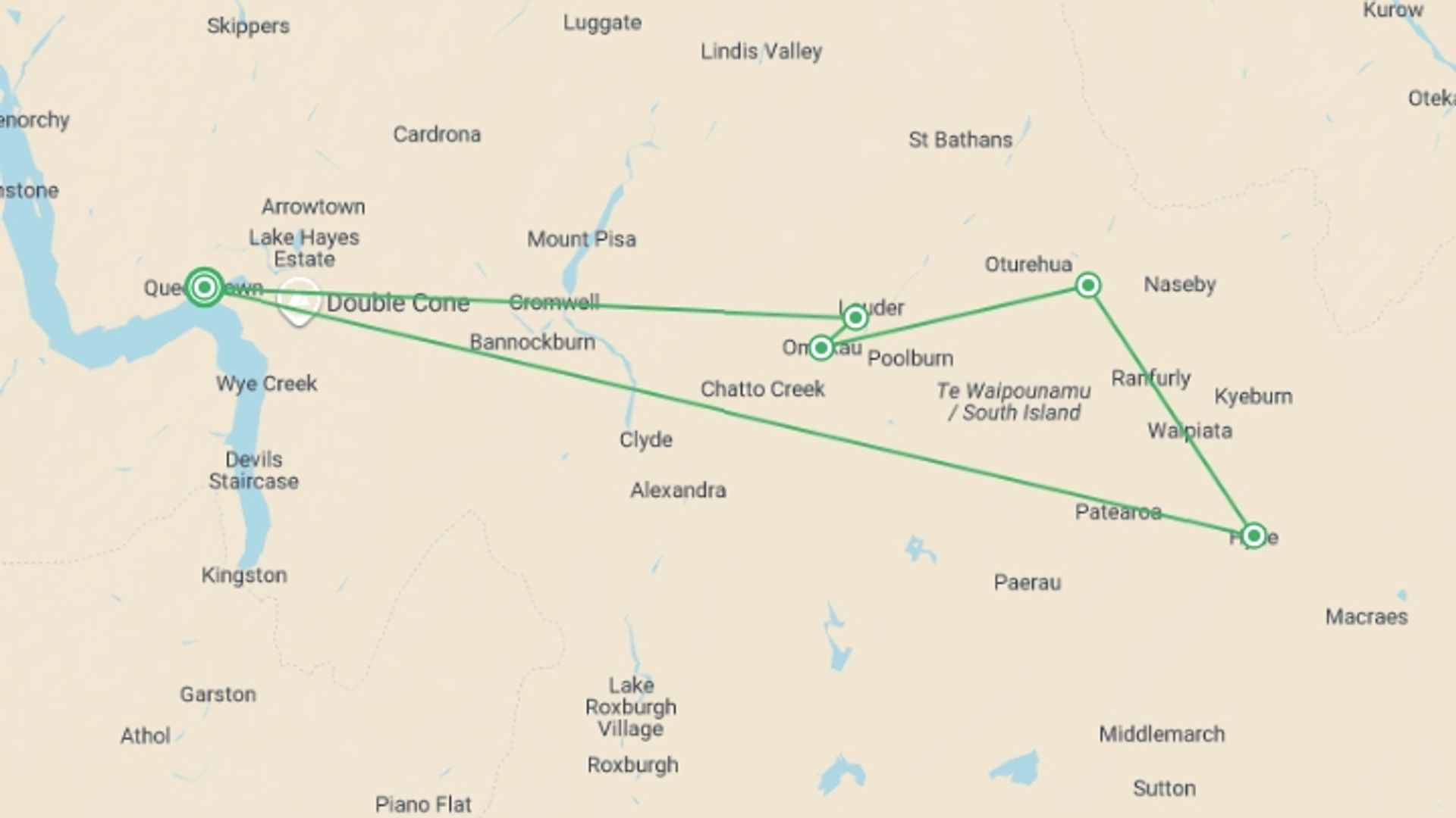 A map showing the tour itinerary for the trip: Cycle New Zealand: Otago Rail Trail, starting in Queenstown, New Zealand and ending in Queenstown, New Zealand going through 3 other destinations.