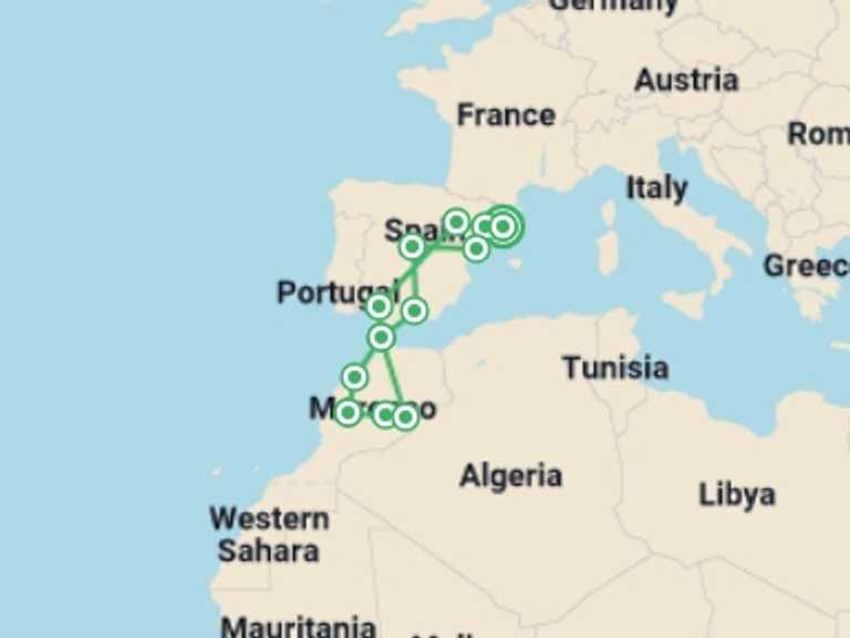 Map of 16-Day Marrakech Tour with 12 destination visits for the trip: Pearls of Spain and Mysterious Morocco