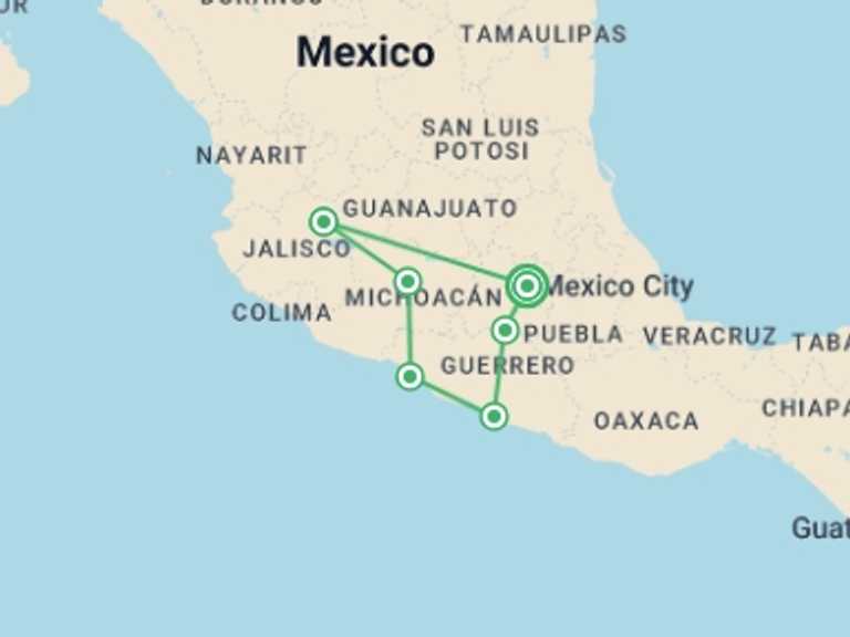 Map of Mexico City Explorer Tour with 6 destination visits for the trip: Tapatío Mexico and Acapulco