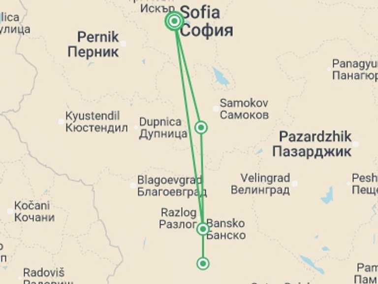 Map of Eastern Europe Tour with 4 destination visits for the trip: Bulgaria Mountains and Monasteries Guided Hike
