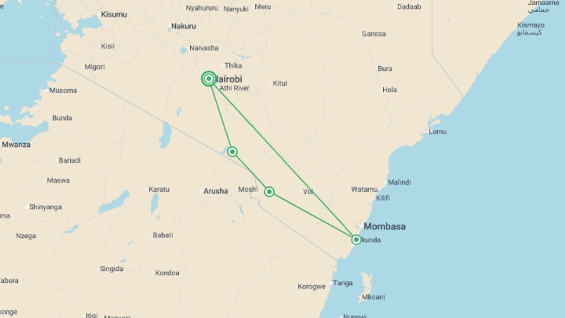 A map showing the tour itinerary for the trip: Kenya Safari & Beach - 9 days, starting in Nairobi, Kenya and ending in Nairobi, Kenya going through 3 other destinations.