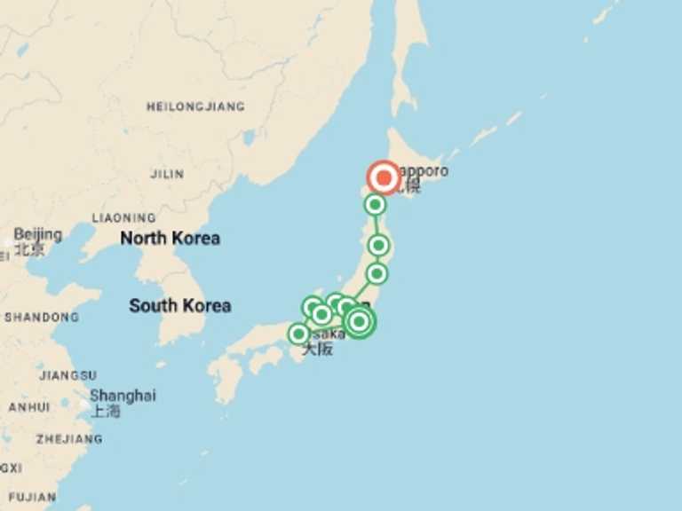 Map of Japan Tour with 10 destination visits for the trip: Sakura Dreams, Ending in Sapporo