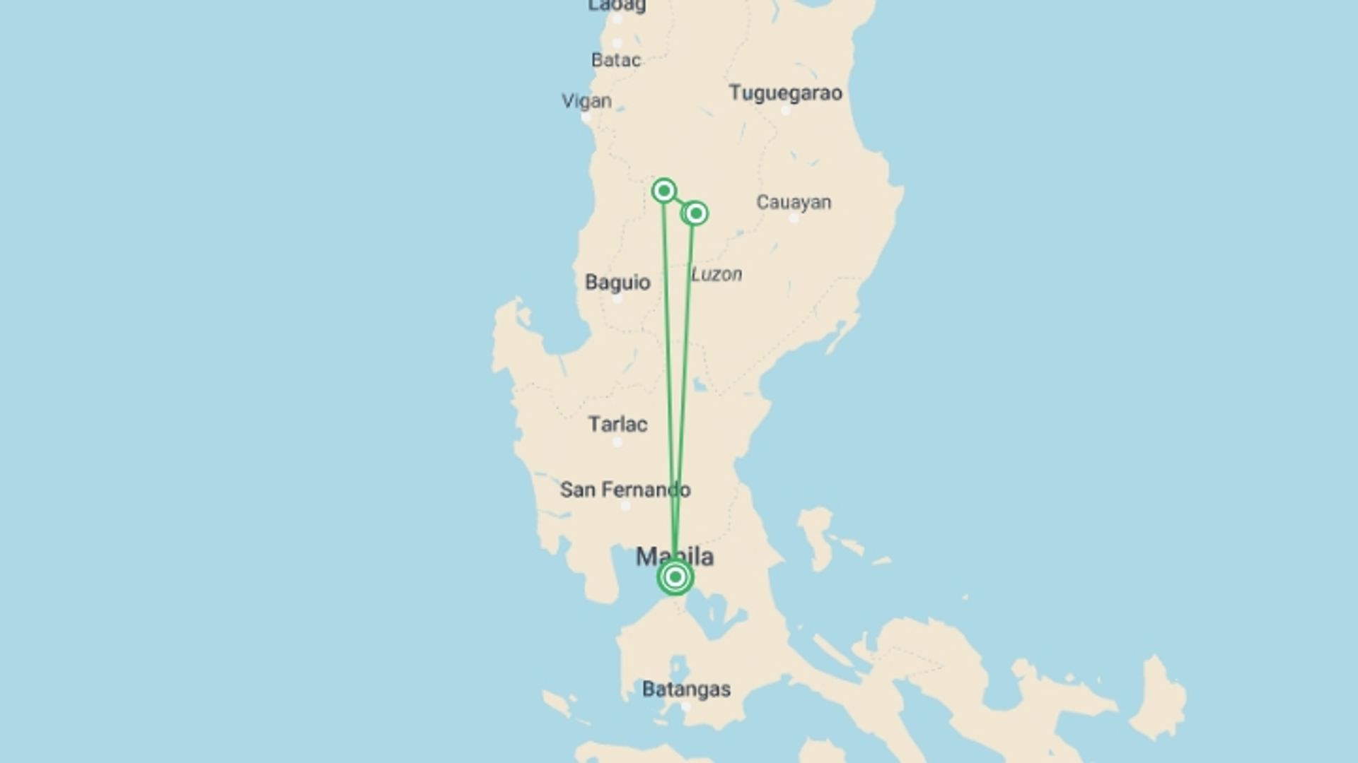 A map showing the tour itinerary for the trip: Heritage of the Cordillera: Banaue, Batad & Sagada, starting in Manila, Philippines and ending in Manila, Philippines going through 3 other destinations.